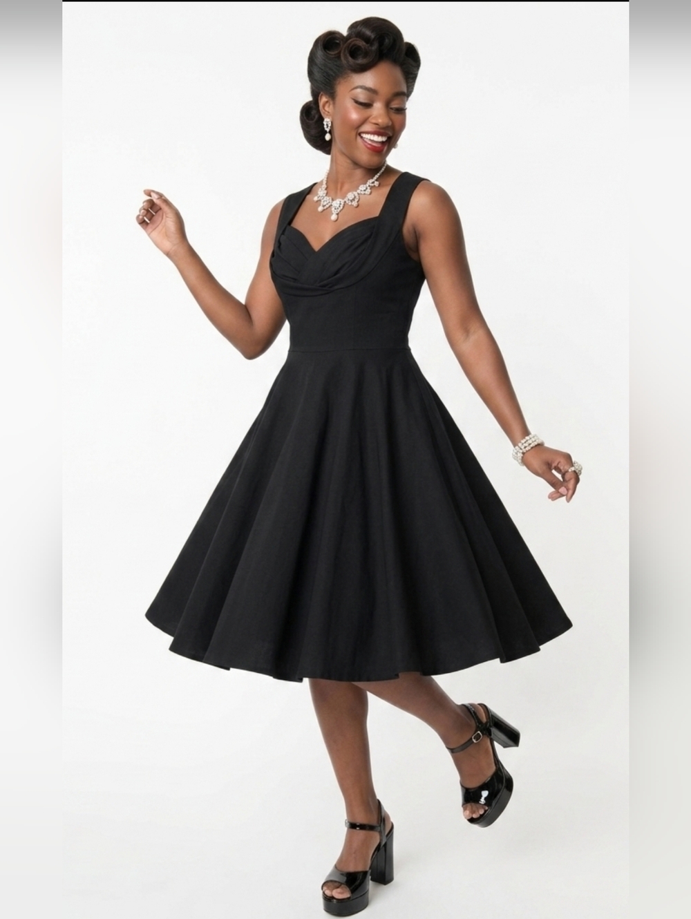 Rockabilly Large 50s Pinup Swing Black Poplin Cotton Stretch Whimsical Dress